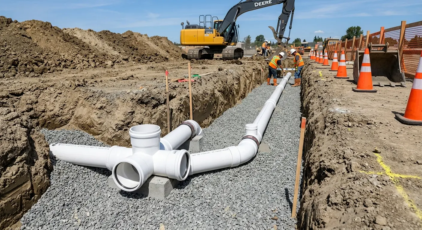 New PVC sewer pipe installation in open trench for Sewer Backup in Napili-Honokowai