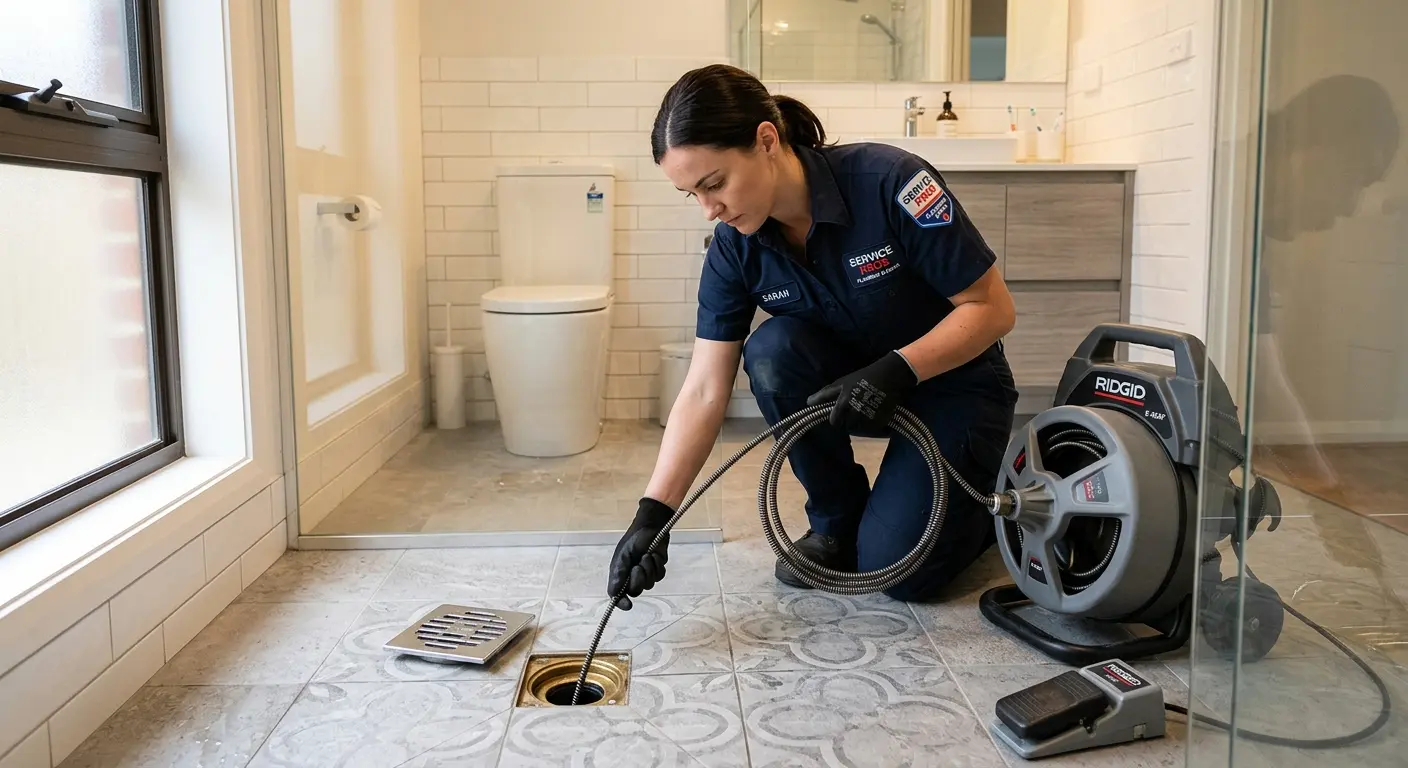Technician clearing a bathroom floor drain for Sewer Line Replacement in Napili-Honokowai